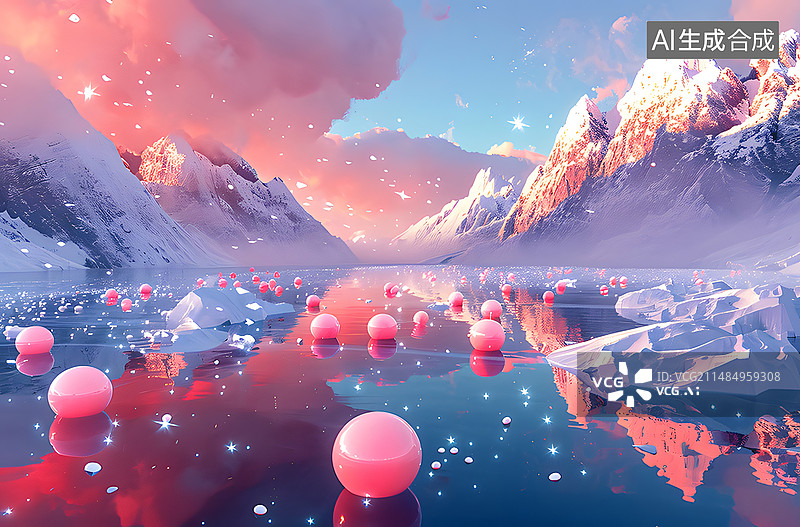 【AI数字艺术】粉色梦幻冰山和浮冰图片素材