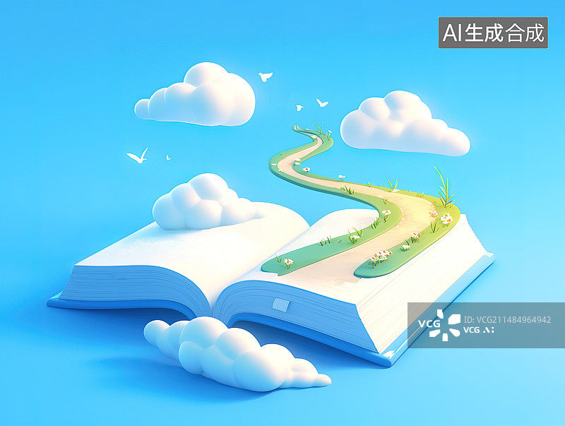 【AI数字艺术】一条路通向一本展开的书阅读主题插图图片素材