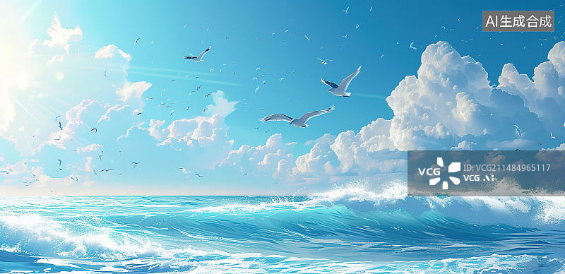 【AI数字艺术】海面上飞翔的海鸥图片素材