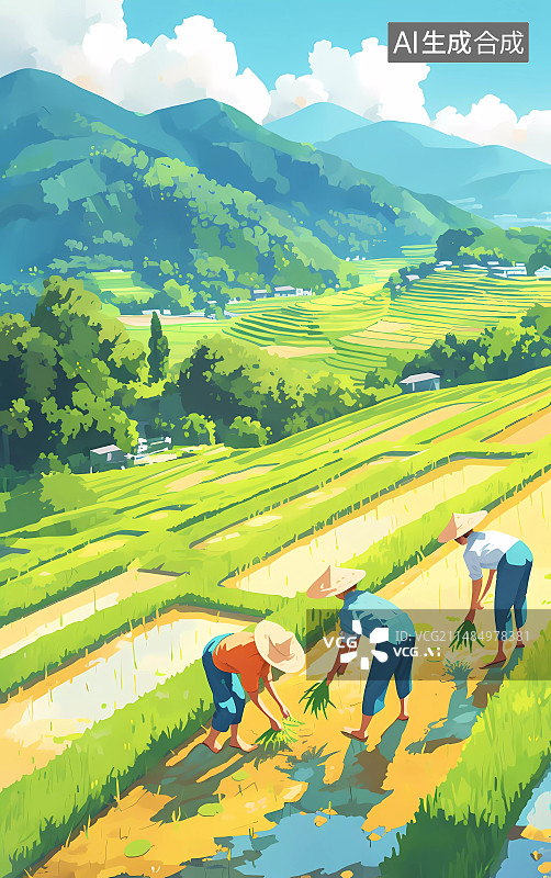 【AI数字艺术】戴着草帽的农民在水田里插秧图片素材