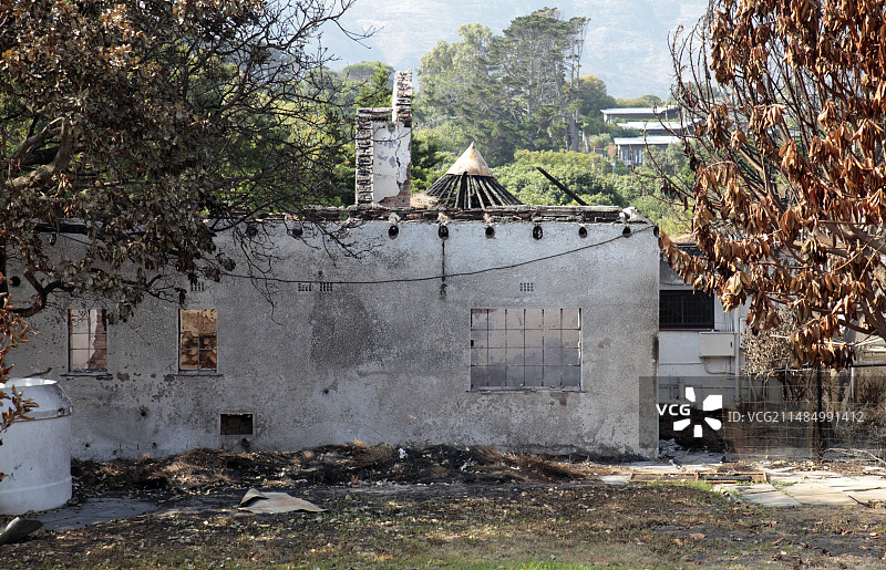 被火烧毁的建筑物和树木图片素材