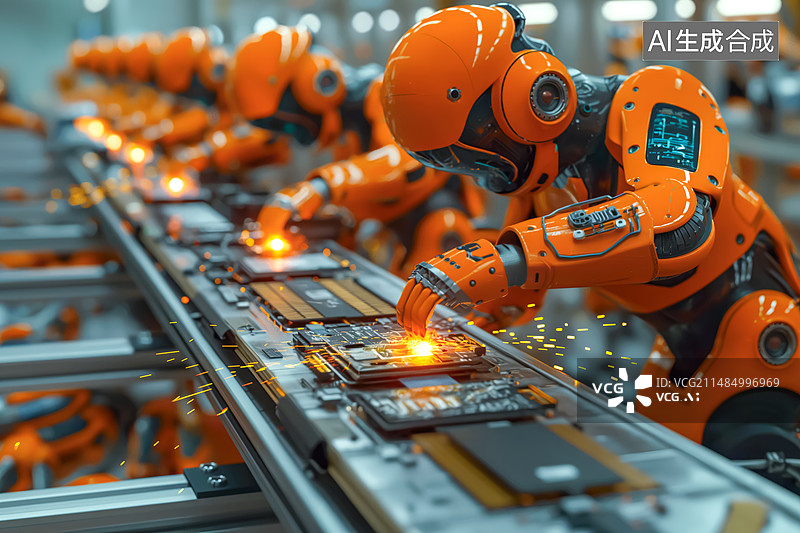 【AI数字艺术】机器人工厂内正在流水线上焊接作业的机器人图片素材