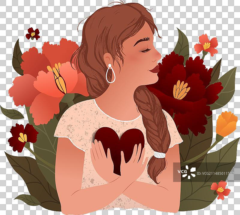 手绘的可爱女孩手捧红心图片素材