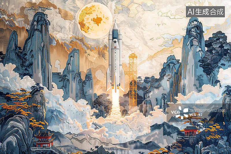 【AI数字艺术】正在发射的火箭国潮风格刺绣世界航天日图片素材