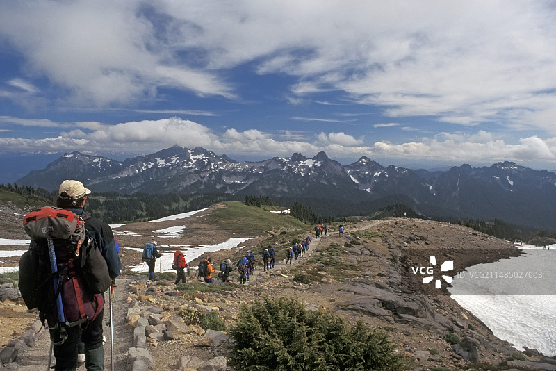 美国雷尼尔山国家公园的徒步旅行者图片素材