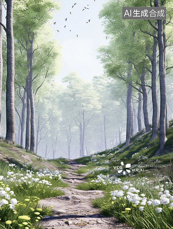 【AI数字艺术】清新森林道路背景图片素材