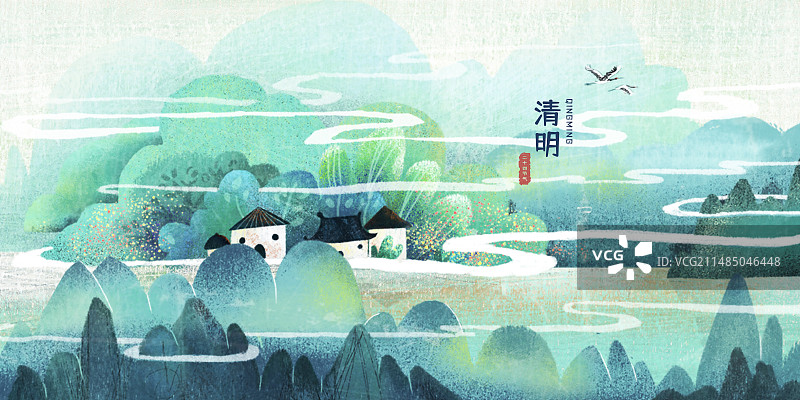 清明二十四节气春季徽州民居建筑雾气仙鹤清新淡雅海报肌理插画图片素材