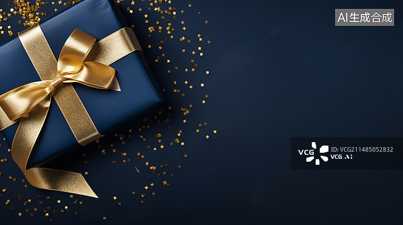 【AI数字艺术】深色背景下深蓝色礼品盒的俯视图，情人节惊喜礼盒概念插图图片素材
