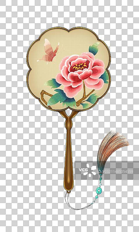 手绘中国风牡丹花纹刺绣花瓣形团扇图片素材