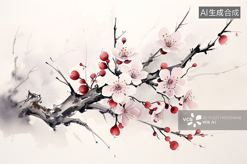 【AI数字艺术】盛开的桃花花枝，水墨风手绘水彩插画素材图片素材