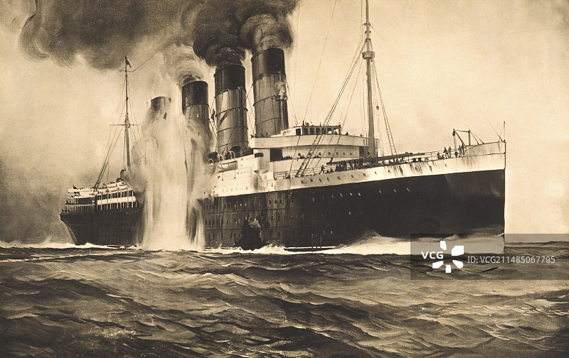 1915年，路西塔尼亚号被鱼雷击中图片素材