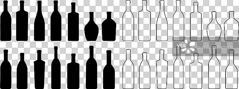 葡萄酒啤酒黑色线条或扁平瓶子图标集酒吧图片素材