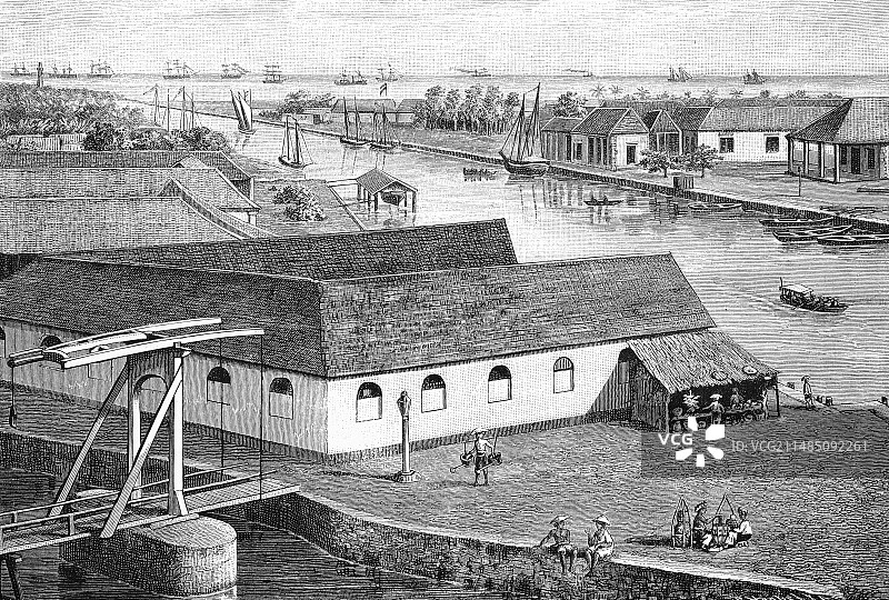 19世纪雅加达港口版画图片素材