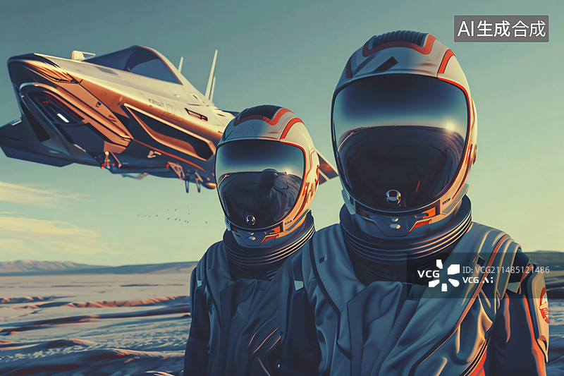 【AI数字艺术】肌理插画未来人类站在宇宙飞船前插画图片素材