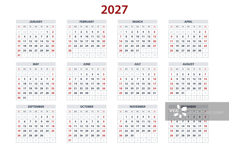 2027年季度日历模板图片素材