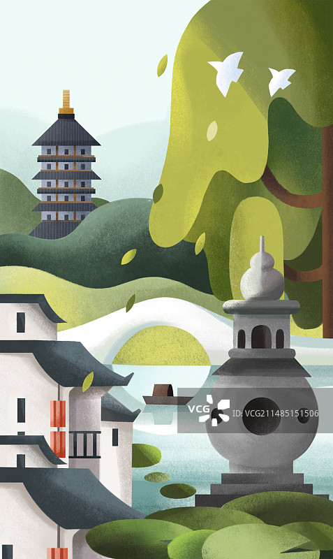 肌理插画_城市_杭州西湖图片素材