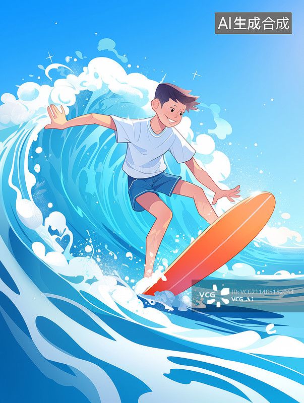 【AI数字艺术】蓝色一个亚洲少年正在冲浪图片素材