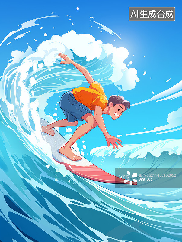 【AI数字艺术】一个亚洲少年正在冲浪图片素材