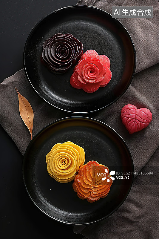 【AI数字艺术】放在桌子上的黑色盘子里的月饼图片素材
