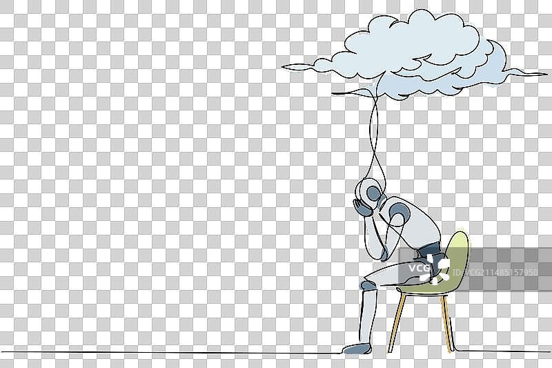 悲伤的机器人坐在上面的连续单线绘画图片素材