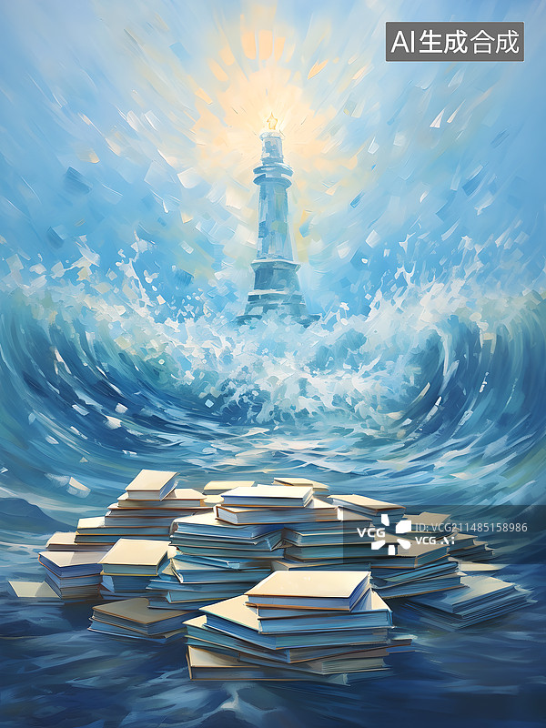 【AI数字艺术】阅读、印象派、知识海洋，书籍与灯塔图片素材