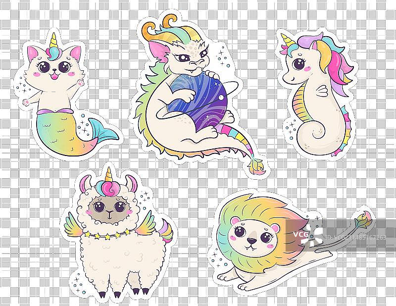 可爱彩虹动物羊驼贴纸套装图片素材