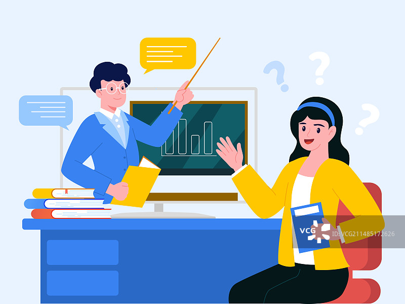 一个老师在电脑里面上课下面是一位学生插画图片素材