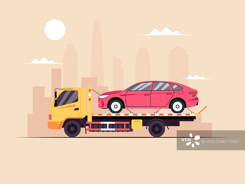 拖车正在托运一辆小轿车矢量扁平插画图片素材