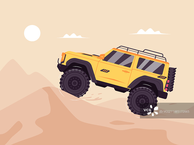 一辆越野车正在沙漠上行驶矢量扁平插画图片素材