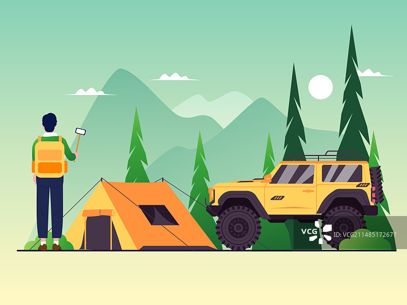 一个男子旁边是野营帐篷和汽车矢量扁平插画图片素材