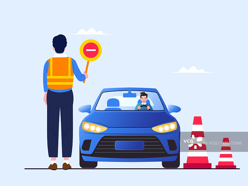 一个男子手拿停车牌子旁边是一辆汽车插画图片素材
