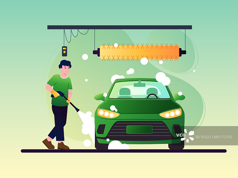 一个男子正在清洗汽车矢量扁平插画图片素材