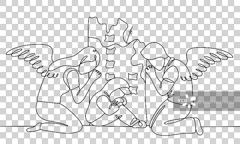 战争中的孤儿男孩单线稿图片素材