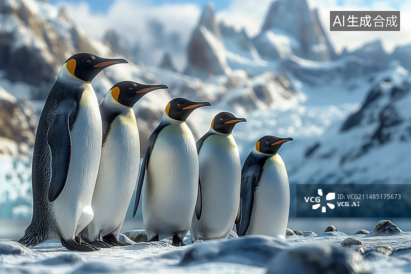 【AI数字艺术】一排站立在冰川上的帝企鹅图片素材