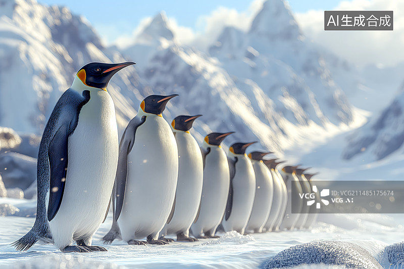 【AI数字艺术】一排站立在冰川上的帝企鹅图片素材