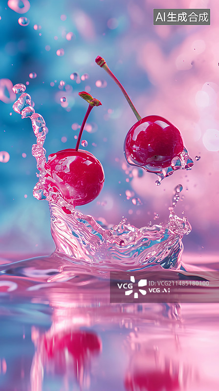 【AI数字艺术】樱桃车厘子投入水中溅起水花图片素材