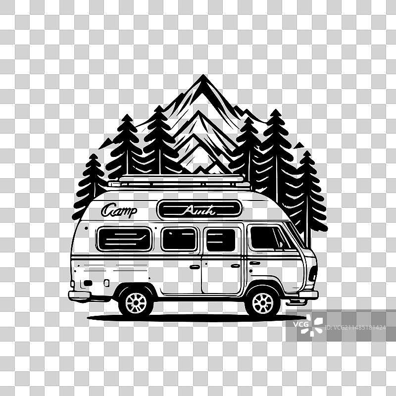 厢型车手绘黑色图标：露营标志符号图片素材