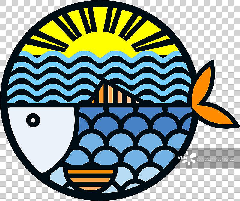 黄色阳光和蓝色海浪中的鱼设计图片素材