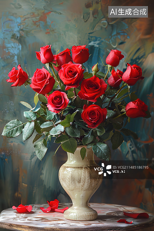 【AI数字艺术】桌上花瓶里的红花特写镜头图片素材
