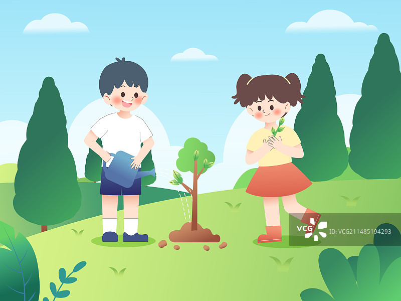 植树节男孩女孩种树图片素材