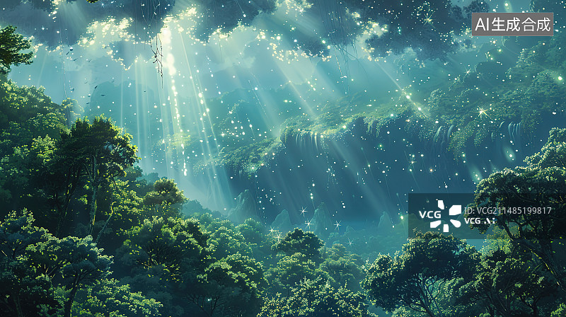 【AI数字艺术】森林中阳光透过树木的低角度视图图片素材