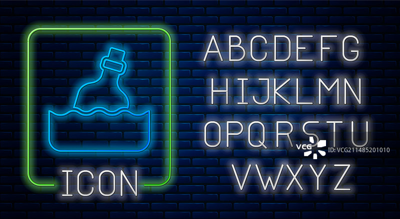 霓虹发光水中带信息的玻璃瓶图片素材