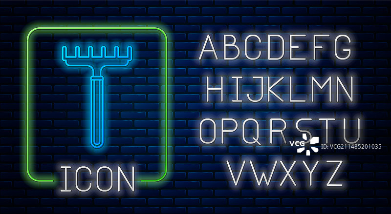 发光霓虹灯花园耙图标，砖墙背景图片素材