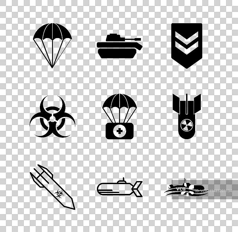 降落伞、军用坦克、V形臂章和生物危害图片素材