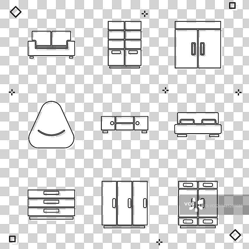 沙发、衣柜、蒲团、抽屉柜和大床套装图片素材