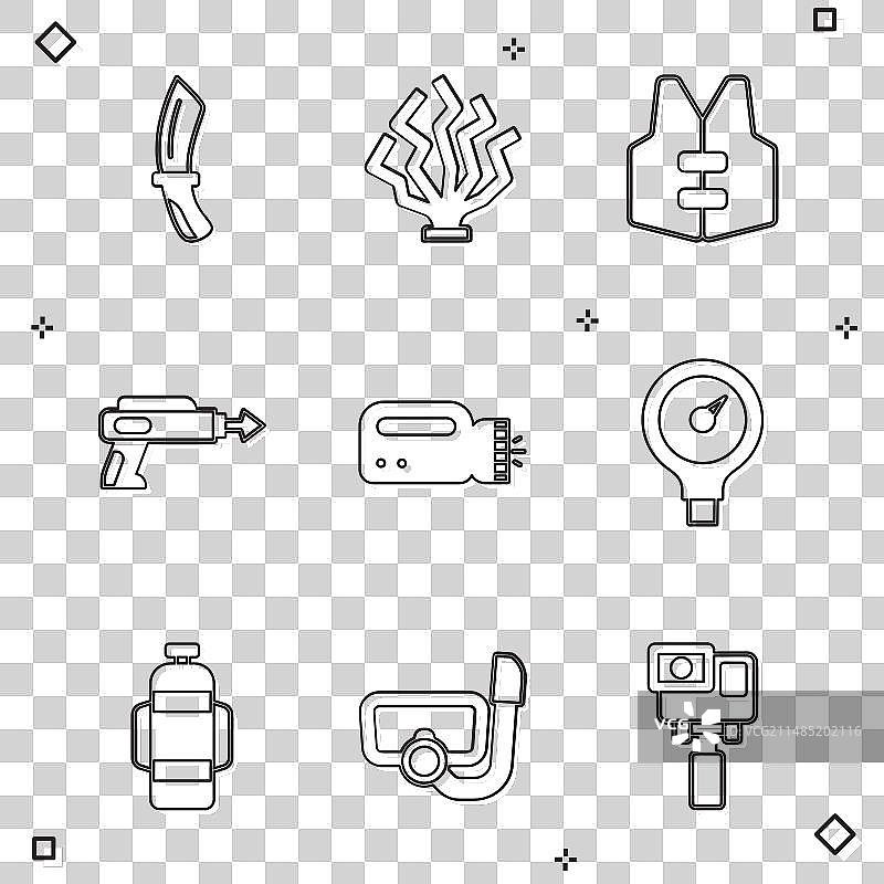 潜水刀、珊瑚、救生衣、渔具套装图片素材