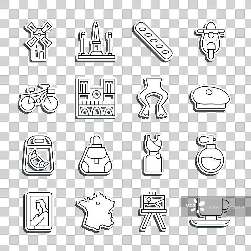 咖啡杯、香水、法式贝雷帽、法棍图片素材