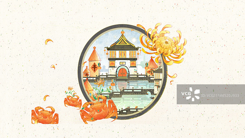 秋天菊花螃蟹插画图片素材