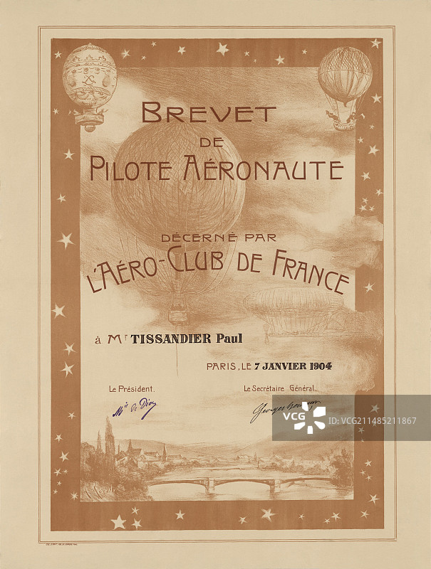 保罗·蒂桑迪耶的1904年热气球驾驶执照图片素材