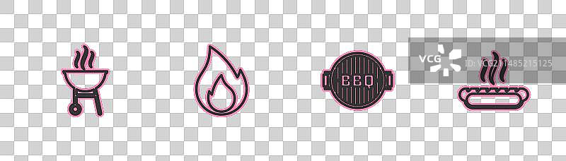 系列烧烤架火焰和热狗线条图标图片素材